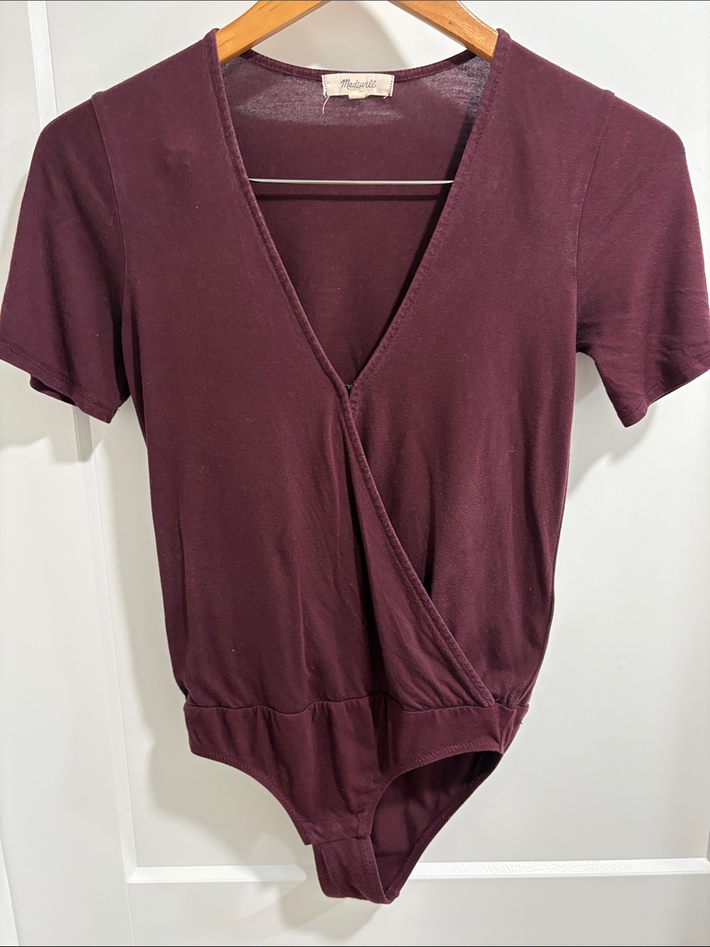 Madewell Deep Plum Wrap-Front Short-Sleeve Bodysuit